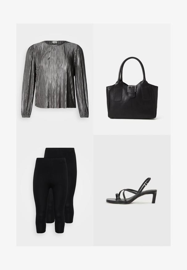 Silver long-sleeve blouse with a wavy textured design, featuring a round neckline and elasticized cuffs. Smooth, shiny fabric.; Black stretch leggings in a seamless design, featuring a mid-calf length, smooth texture, and an elastic waistband for comfort.; Black strappy sandal with a square toe and a low block heel. Features multiple thin straps and an adjustable ankle strap. Made of smooth leather.; Black leather tote bag with smooth texture, structured shape, two handles, and a prominent silver buckle detail on the front.; Clear and amber resin rings, one smooth and transparent, the other with a textured, amber finish. Both feature rounded, chunky designs.