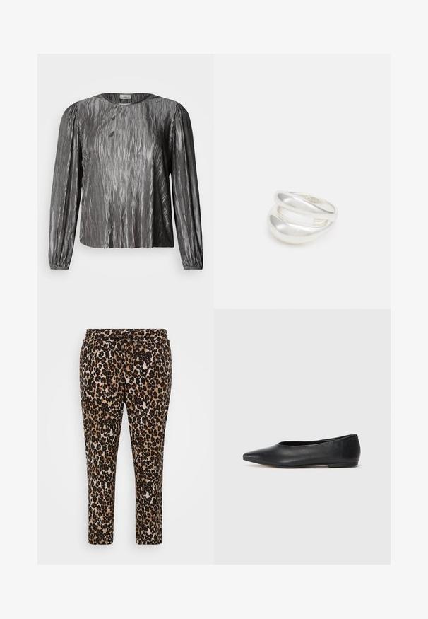 Blusa argentata a maniche lunghe con un design testurizzato a onde, caratterizzata da una scollatura rotonda e polsini elasticizzati. Tessuto liscio e lucido.; Pantaloni con fantasia leopardata realizzati in un morbido tessuto texturizzato, con vita elastica e cordoncino, design a gamba dritta e lunghezza cropped.; Ballerine in pelle nera, punta affusolata, design minimalista, texture liscia, tacco basso, senza hardware o decorazioni visibili.; Anello doppio in argento con superficie liscia e lucida. Presenta un design fluido e curvo con sezioni sovrapposte per un aspetto moderno.