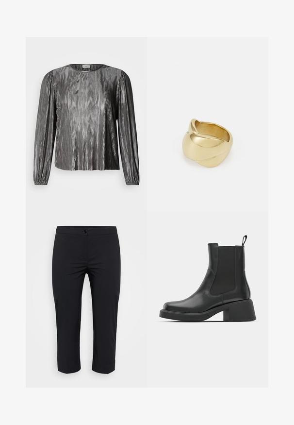 Blusa prateada de manga comprida com um padrão texturizado ondulado, apresentando um decote redondo e punhos elásticos. Tecido liso e brilhante.; Calças pretas cropped feitas de um tecido leve com uma textura suave. Apresentam um fecho de botão e um design de perna reta.; Botas de tornozelo em couro preto com painéis laterais elásticos, biqueira arredondada e salto robusto em bloco. Textura suave com um design minimalista.; Anel dourado com um design liso e torcido. Apresenta uma superfície polida e bordas arredondadas, criando uma forma fluida e sem costura.