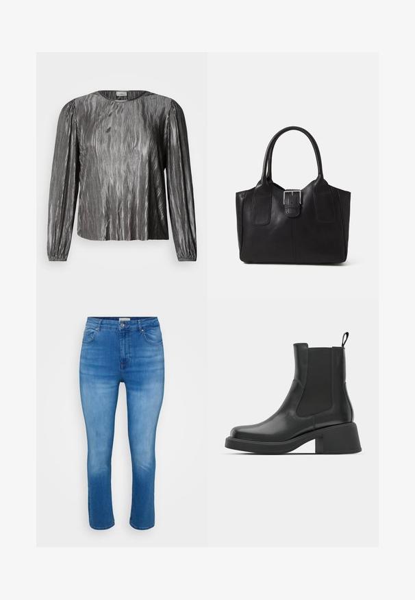 Srebrna bluza z dolgimi rokavi z valovitim teksturiranim vzorcem, okrogel izrez in elastični manšeti. Gladek, sijoč material.; Modre slim-fit kavbojke z blagim zbledelostjo in sprednjim gumbom, prikazane na beli podlagi.; Črne usnjene gležnjarje z elastičnimi stranskimi paneli, zaobljenim nosom in masivnim blokastim peto. Gladka tekstura z minimalističnim dizajnom.; Črna usnjena torba s gladko teksturo, strukturirano obliko, dvema ročkama in izrazitim srebrnim sponko na sprednji strani.