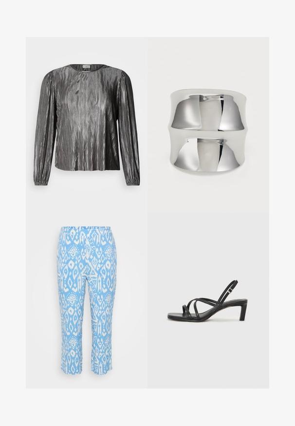 Srebrna bluza z dolgimi rokavi z valovitim teksturiranim vzorcem, okrogel izrez in elastični manšeti. Gladek, sijoč material.; Svetlo modre capri hlače z belim geometrijskim vzorcem. Narejene so iz mehkega, raztegljivega materiala z elastičnim pasom.; Črne natikače s trakovi in kvadratnim prstom ter nizkim blokastim peto. Imajo več tankih trakov in nastavljiv trak okoli gležnja. Narejene so iz gladkega usnja.; Srebro prstan za zapestje s gladko, refleksivno površino. Ima ukrivljen dizajn in širok pas, kar ustvarja sodoben, minimalističen videz.