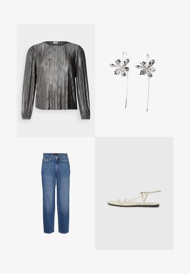 Bluza argintie cu mâneci lungi, cu design texturat ondulat, decolteu rotund și manșete elastice. Material neted și lucios.; Blugi din denim albastru cu talie înaltă și croială dreaptă, având cinci buzunare și o estompare subtilă. Materialul este denim rezistent cu o textură netedă.; Sandalie plate bej cu multiple bretele subțiri și o cataramă ajustabilă. Talpa este plată, cu un ușor contrast întunecat la margine.; Cercei argintii în formă de floare cu un finisaj texturat, având cârlige lungi și detalii asemănătoare petalelor pentru un design complex.