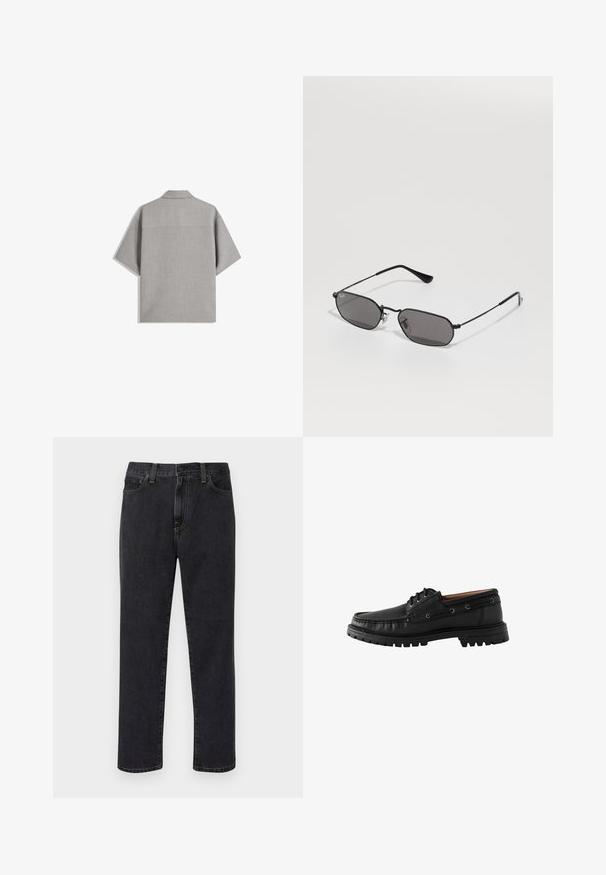 Bershka SHORT SLEEVE TAILORED - Shirt - dark grey; Black straight-leg jeans with front pockets, belt loops, and a button closure, displayed against a white background.; Black leather boat shoe with a rounded toe, lace-up design, and textured rubber sole. Features stitching accents and metal eyelets.; Black hexagonal sunglasses with thin metal frame and dark lenses lying on a white surface.