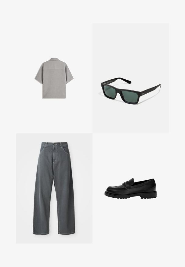 Bershka SHORT SLEEVE TAILORED - Skjorter - dark grey; Grå denim brede bukser med høj talje, der har forlommer, bæltesløjfer og en knappelukning i taljen.; Sorte læder loafers med rund tå, der har et design med to striber, tekstureret syning og en kraftig gummisål.; Sorte rektangulære solbriller med grønne linser, der har en mat overflade, lige stænger og Ray-Ban-logoet på siden.
