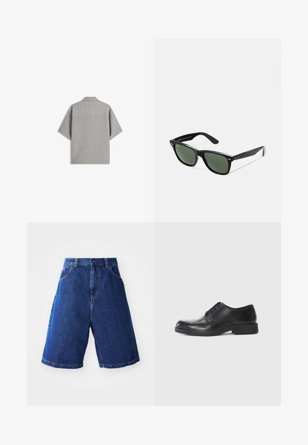 Bershka SHORT SLEEVE TAILORED - Ing - dark grey; Kék mosású farmer rövidnadrág, magas derekú, két elülső zsebbel és sárga varrással az oldalak mentén.; Fekete bőrcipő, lekerekített orral, fűzős kivitelben és alacsony blokk sarkú. Simma textúra és minimalista profil.; Fekete műanyag napszemüveg zöld lencsékkel, négyzet alakú kerettel, ezüst díszítéssel a keret felső részén, valamint texturált szárakkal. A márka neve a belső száron található.