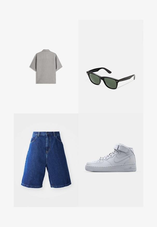 Bershka SHORT SLEEVE TAILORED - Skjorta - dark grey; Jeansshorts med blå tvätt, med hög midja, två framfickor och gula stygn längs sömmarna.; Höga grå Nike Air Force 1-sneakers med ovandel i läder, vadderad krage och kardborreband. Ikonisk design med perforerad tåbox.; Svarta plastsolglasögon med gröna linser, fyrkantiga bågar, silverdetalj på ögonbrynet och texturerade skalmar. Angiven märkning på den inre skalmen.