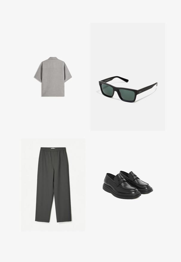 Bershka SHORT SLEEVE TAILORED - Ing - dark grey; Sötétszürke, magas derekú, széles szárú nadrág, könnyű anyagból. Gumírozott derék, látható minták nélkül, oldalzsebekkel.; Fekete bőr loaferek lekerekített orral, varrott részletezéssel és platform gumitalppal. Dekoratív pánt található a vamp részen.; Fekete téglalap alakú napszemüveg zöld lencsékkel, matt felülettel, egyenes szárakkal, és a Ray-Ban logóval az oldalon.