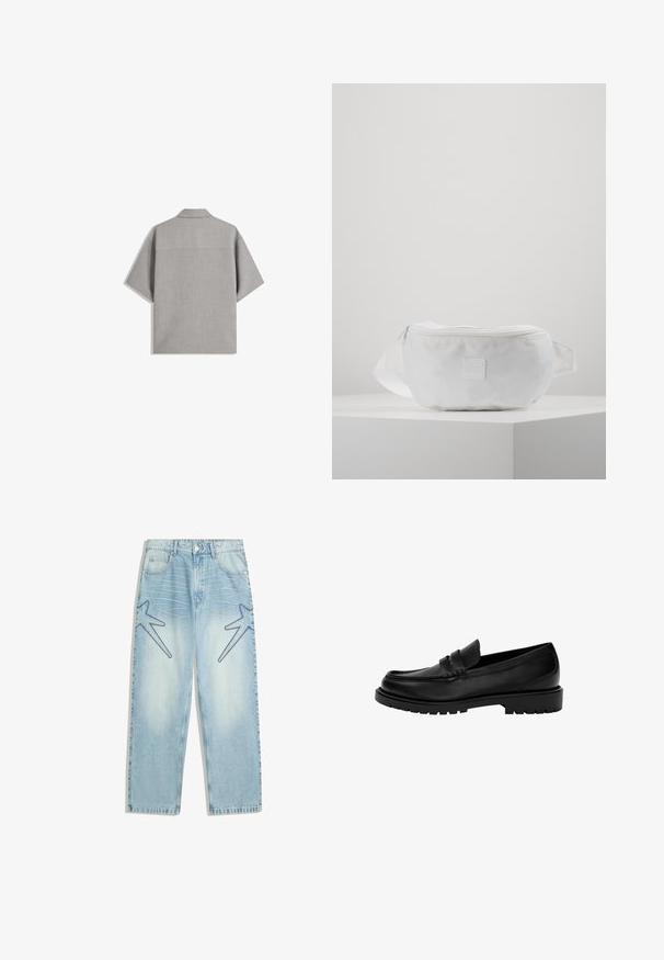 Bershka SHORT SLEEVE TAILORED - Skjorta - dark grey; Ljusblå denimjeans med rak passform, prydda med stora stjärnformade mönster i mörkare blått framtill, samt en klassisk femfickstil.; Svarta läderloafers med rundad tå, med ett design med två ränder, texturerad sömnad och en kraftig gummisula.; Vit midjeväska i slitstarkt material, med dragkedjestängning, justerbar rem och en liten präglad logotyp på framsidan.