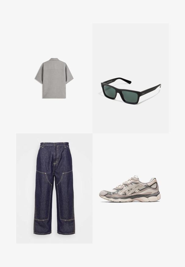 Bershka SHORT SLEEVE TAILORED - Ing - dark grey; Carhartt WIP NASH PANT SMITH - Laza szabású farmerek - blue rinsed; Világosszürke sportcipő, hálós és velúr felsőrésszel. Kényelmes talppal, hangsúlyos díszítésekkel és strukturált dizájnnal rendelkezik.; Fekete téglalap alakú napszemüveg zöld lencsékkel, matt felülettel, egyenes szárakkal, és a Ray-Ban logóval az oldalon.