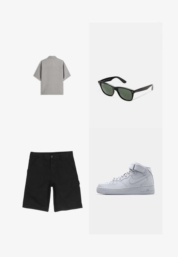 Bershka SHORT SLEEVE TAILORED - Camicia - dark grey; Shorts neri in cotone con frontale piatto, due tasche laterali, chiusura a bottone e una tasca cargo laterale per ulteriore spazio di archiviazione.; Sneaker alte grigie Nike Air Force 1 con tomaia in pelle, colletto imbottito e cinturino in Velcro. Il design iconico presenta una punta perforata.; Occhiali da sole in plastica nera con lenti verdi, montatura quadrata, dettaglio argento sulla parte superiore e steli con texture. Marchio indicato sulla parte interna dello stelo.
