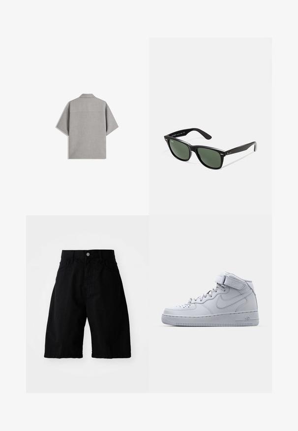 Bershka SHORT SLEEVE TAILORED - Ing - dark grey; Fekete pamut rövidnadrág laza fazonban, két oldalsó zsebbel, gombos záródással és letisztult szélekkel, alkalmas mindennapi viseletre.; Magas szárú szürke Nike Air Force 1 sportcipők bőrből készült felsőrészsel, párnázott bokarésszel és tépőzárral. Ikonikus dizájn jellemzi a perforált orrdoboz.; Fekete műanyag napszemüveg zöld lencsékkel, négyzet alakú kerettel, ezüst díszítéssel a keret felső részén, valamint texturált szárakkal. A márka neve a belső száron található.