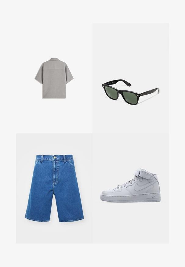 Bershka SHORT SLEEVE TAILORED - Chemise - dark grey; Shorts en denim de couleur bleue, coupe décontractée, taille mi-haute, poches avant et fermeture à bouton. Détails de couture le long des coutures.; Baskets montantes grises Nike Air Force 1 avec tige en cuir, col rembourré et sangle en Velcro. Design emblématique avec boîte à orteils perforée.; Lunettes de soleil en plastique noir avec verres verts, monture carrée, accent argenté sur le sourcil et branches texturées. Marque indiquée sur l'intérieur de la branche.