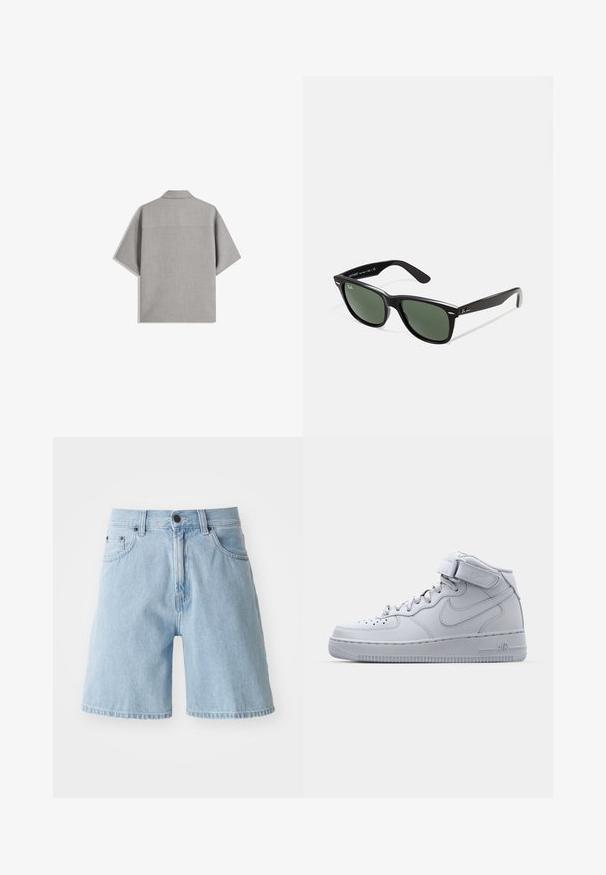 Bershka SHORT SLEEVE TAILORED - Vapaa-ajan kauluspaita - dark grey; Vaaleansiniset farkkushortsit, joissa on rento malli, viisi taskua ja nappisuljenta vyötäröllä; raakareunat lahkeissa.; Korkeat harmaat Nike Air Force 1 -tennarit, joissa on nahkainen päällinen, pehmustettu nilkkaosa ja tarranauha. Ikoninen muotoilu sisältää rei'itetyn varvastaskun.; Mustat muoviset aurinkolasit, joissa on vihreät linssit, neliönmuotoiset kehykset, hopeinen yksityiskohta kulmakarvojen kohdalla sekä tekstuuriset temppeleiden varret. Brändi ilmoitettu sisävarsissa.