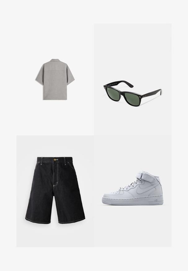 Bershka SHORT SLEEVE TAILORED - Chemise - dark grey; Shorts en denim noir avec une coupe ample, cinq poches et des coutures blanches contrastantes. Fermeture par bouton à la taille.; Baskets montantes grises Nike Air Force 1 avec tige en cuir, col rembourré et sangle en Velcro. Design emblématique avec boîte à orteils perforée.; Lunettes de soleil en plastique noir avec verres verts, monture carrée, accent argenté sur le sourcil et branches texturées. Marque indiquée sur l'intérieur de la branche.