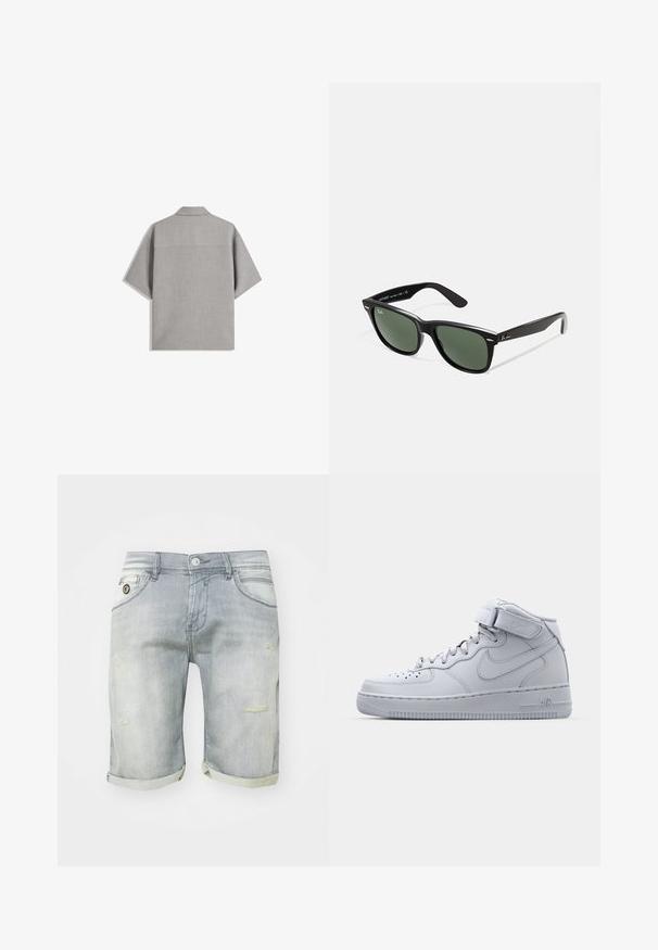 Bershka SHORT SLEEVE TAILORED - Skjorta - dark grey; Ljusblå denimshorts med ett urtvättat utseende, uppvikta muddar, fickor fram och slitna detaljer på låret. Knäppning i midjan.; Höga grå Nike Air Force 1-sneakers med ovandel i läder, vadderad krage och kardborreband. Ikonisk design med perforerad tåbox.; Svarta plastsolglasögon med gröna linser, fyrkantiga bågar, silverdetalj på ögonbrynet och texturerade skalmar. Angiven märkning på den inre skalmen.