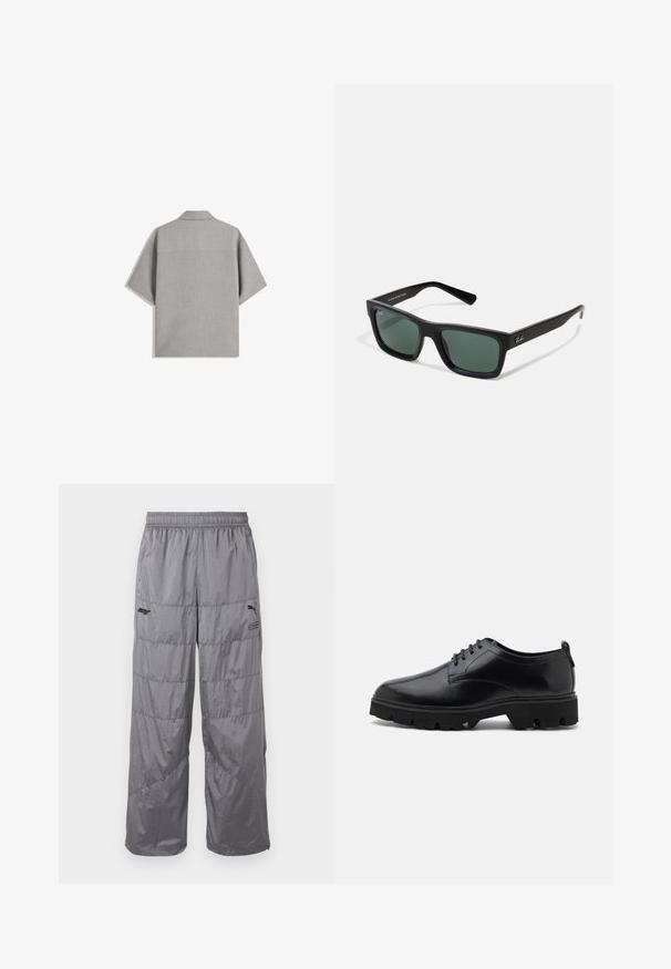 Bershka SHORT SLEEVE TAILORED - Košeľa - dark grey; Sivé nafúknuté nohavice s elastickým pásom, s prešívaným dizajnom a malým čiernym logom na ľavom stehne. Ľahký materiál.; Čierne kožené topánky s hladkým povrchom, s viazaním a hrubou, robustnou gumovou podrážkou s hlbokými vzormi pre lepšiu trakciu.; Čierne obdĺžnikové slnečné okuliare so zelenými sklami, matným povrchom, rovnými ramenami a logom Ray-Ban na boku.