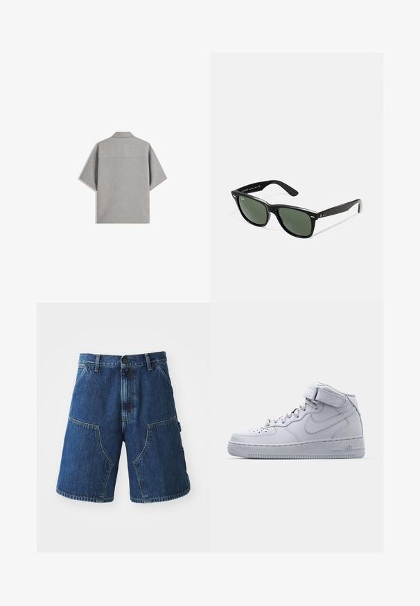 Bershka SHORT SLEEVE TAILORED - Overhemd - dark grey; Denim shorts met een donkere blauwe wassing, voorzien van grote voorzakken, een knoopsluiting en zichtbare stiksels langs de naden.; Grijze Nike Air Force 1 sneakers met hoge bovenkant, leren bovenwerk, gewatteerde kraag en een klittenbandsluiting. Iconisch ontwerp met geperforeerde toe box.; Zwarte plastic zonnebril met groene lenzen, vierkante montuur, zilveren accent op de wenkbrauw en een gestructureerde tempel. Merken vermeld op de binnenkant van de arm.