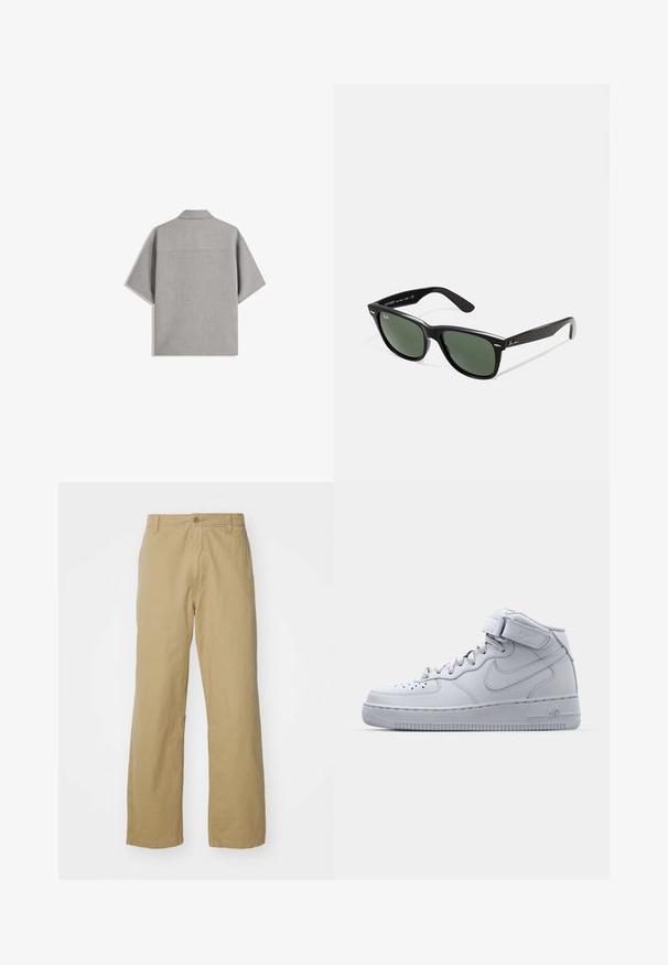 Bershka SHORT SLEEVE TAILORED - Hemd - dark grey; Khakifarbene Baumwollhose mit geradem Bein, ausgestattet mit einem vorderen Knopfverschluss und Seitentaschen. Glatte, robuste Textur.; Hochformatige graue Nike Air Force 1 Sneaker mit Obermaterial aus Leder, gepolstertem Kragen und einem Klettverschluss. Das ikonische Design verfügt über eine durchlöcherte Zehenbox.; Schwarze Plastiksonnenbrille mit grünen Gläsern, quadratischen Rahmen, silbernem Akzent auf der Augenbraue und strukturierten Bügeln. Angegebene Marke auf dem inneren Bügel.