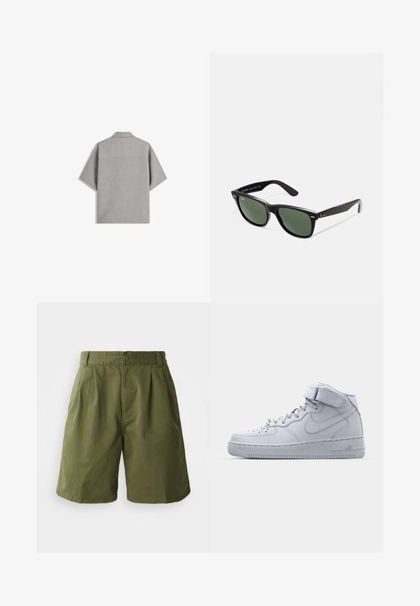 Bershka SHORT SLEEVE TAILORED - Camicia - dark grey; Pantaloni corti verde oliva realizzati in tessuto leggero, con una parte anteriore plissettata, chiusura con bottone e tasche laterali, dal design dritto.; Sneaker alte grigie Nike Air Force 1 con tomaia in pelle, colletto imbottito e cinturino in Velcro. Il design iconico presenta una punta perforata.; Occhiali da sole in plastica nera con lenti verdi, montatura quadrata, dettaglio argento sulla parte superiore e steli con texture. Marchio indicato sulla parte interna dello stelo.
