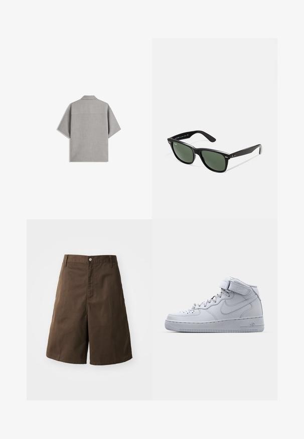 Bershka SHORT SLEEVE TAILORED - Skjorta - dark grey; Bruna bomullsshorts med rak passform, med knäppning fram, bälteshällor och utan synliga mönster eller detaljer.; Höga grå Nike Air Force 1-sneakers med ovandel i läder, vadderad krage och kardborreband. Ikonisk design med perforerad tåbox.; Svarta plastsolglasögon med gröna linser, fyrkantiga bågar, silverdetalj på ögonbrynet och texturerade skalmar. Angiven märkning på den inre skalmen.