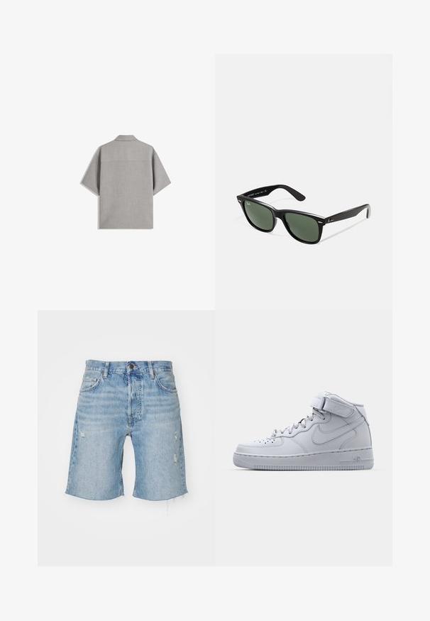 Bershka SHORT SLEEVE TAILORED - Vapaa-ajan kauluspaita - dark grey; Farkkushortsit vaaleansinisinä, joissa on korkea vyötärö, revityt helmat, kuluneet yksityiskohdat ja viisi taskua. Klassinen nappi- ja vetoketjukiinnitys.; Korkeat harmaat Nike Air Force 1 -tennarit, joissa on nahkainen päällinen, pehmustettu nilkkaosa ja tarranauha. Ikoninen muotoilu sisältää rei'itetyn varvastaskun.; Mustat muoviset aurinkolasit, joissa on vihreät linssit, neliönmuotoiset kehykset, hopeinen yksityiskohta kulmakarvojen kohdalla sekä tekstuuriset temppeleiden varret. Brändi ilmoitettu sisävarsissa.