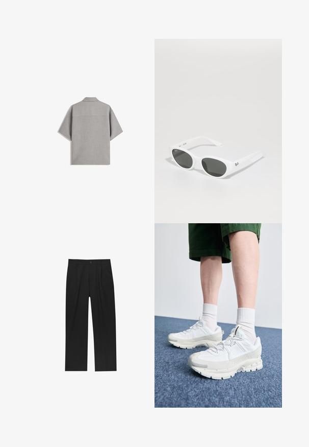 Bershka SHORT SLEEVE TAILORED - Chemise - dark grey; Pantalons noirs au design droit, fabriqués à partir d'un tissu lisse. Dotés de plis sur le devant et d'une fermeture à un bouton à la taille.; Des chaussures de sport blanches avec des superpositions texturées, une semelle épaisse et des accents gris. Portées avec des chaussettes blanches et des shorts verts sur une surface bleue.; Lunettes de soleil blanches avec des montures arrondies et des verres foncés. Possède une texture en plastique lisse et un petit logo sur la branche.