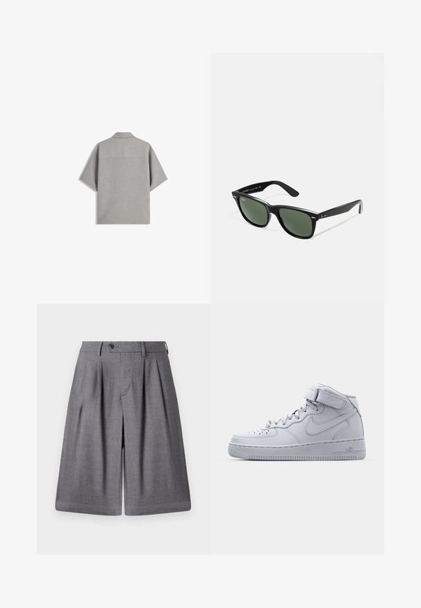 Bershka SHORT SLEEVE TAILORED - Hemd - dark grey; Graue, maßgeschneiderte Shorts aus glattem Stoff, mit Falten, einem Knopfverschluss und einem klaren Bund für einen strukturierten Sitz.; Hochformatige graue Nike Air Force 1 Sneaker mit Obermaterial aus Leder, gepolstertem Kragen und einem Klettverschluss. Das ikonische Design verfügt über eine durchlöcherte Zehenbox.; Schwarze Plastiksonnenbrille mit grünen Gläsern, quadratischen Rahmen, silbernem Akzent auf der Augenbraue und strukturierten Bügeln. Angegebene Marke auf dem inneren Bügel.