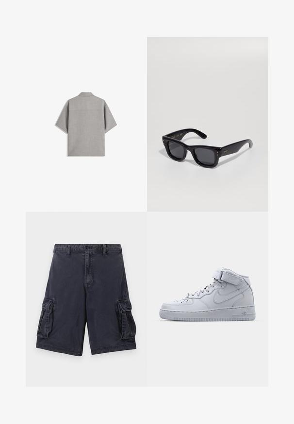 Bershka SHORT SLEEVE TAILORED - Košile - dark grey; Námořnické cargo šortky vyrobené z odolné tkaniny, s dvěma bočními kapsami, předním zapínáním na knoflík a prošitím podél švů.; Vysoké šedé tenisky Nike Air Force 1 s koženým svrškem, polstrovaným límcem a pásem na suchý zip. Ikonický design obsahuje perforovanou špičku.; Černé sluneční brýle s lesklým povrchem, obdélníkovým rámem, tmavými skly a zlatými logovými akcenty na spáncích. Dvě zlaté tečky na každém předním rohu.