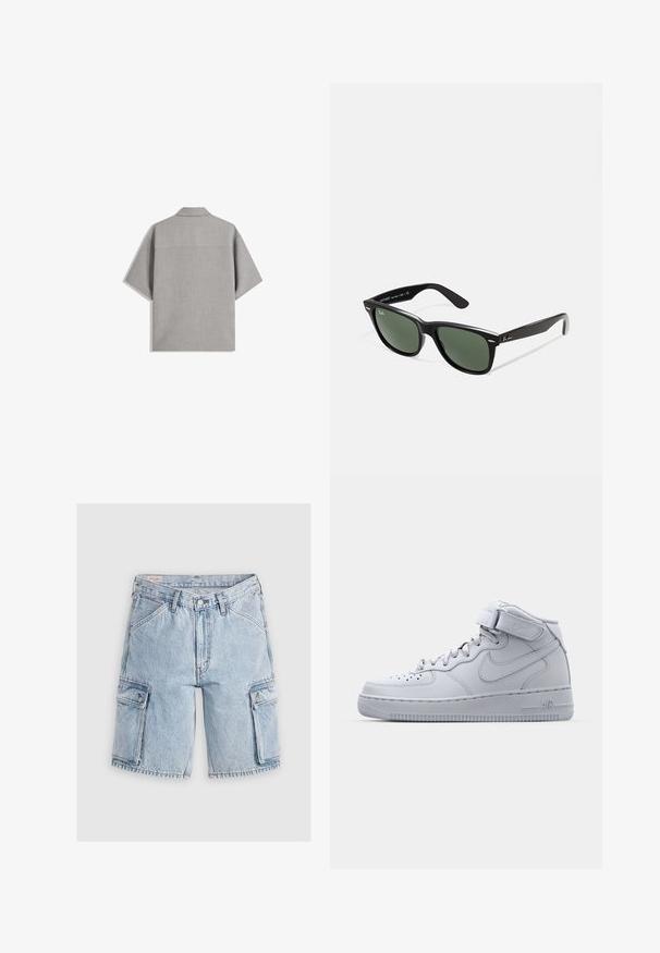 Bershka SHORT SLEEVE TAILORED - Ing - dark grey; Világoskék farmer cargo rövidnadrág laza fazonnal, két oldalsó zsebbel és varrott részletezéssel az illesztéseken.; Magas szárú szürke Nike Air Force 1 sportcipők bőrből készült felsőrészsel, párnázott bokarésszel és tépőzárral. Ikonikus dizájn jellemzi a perforált orrdoboz.; Fekete műanyag napszemüveg zöld lencsékkel, négyzet alakú kerettel, ezüst díszítéssel a keret felső részén, valamint texturált szárakkal. A márka neve a belső száron található.