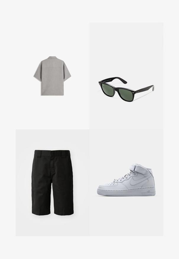 Bershka SHORT SLEEVE TAILORED - Skjorta - dark grey; Svarta bomullsshorts med rak skärning, bälteshällor och platt framdel. Har fickor på sidorna och en mjuk yta.; Höga grå Nike Air Force 1-sneakers med ovandel i läder, vadderad krage och kardborreband. Ikonisk design med perforerad tåbox.; Svarta plastsolglasögon med gröna linser, fyrkantiga bågar, silverdetalj på ögonbrynet och texturerade skalmar. Angiven märkning på den inre skalmen.
