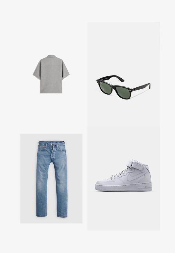 Bershka - Koszula; Jasnobłękitne dżinsy o prostym kroju nogawek, pięć kieszeni i zapięcie na guziki. Zawierają subtelne przetarcia i akcenty szwów.; Szare wysokie sneakersy Nike Air Force 1 z skórzaną cholewką, wyściełanym kołnierzem i paskiem na rzep. Ikonowy design z perforowanym noskiem.; Czarne plastikowe okulary przeciwsłoneczne z zielonymi szkłami, kwadratowe oprawki, srebrny akcent na brwi oraz fakturowane ramiona temple. Nazwa marki podana na wewnętrznej stronie ramion.
