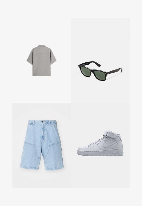 Bershka SHORT SLEEVE TAILORED - Ing - dark grey; Világoskék farmernadrág rövidnadrág, laza szabással, két nagy elülső zsebbel és gombos záródással a deréknál.; Magas szárú szürke Nike Air Force 1 sportcipők bőrből készült felsőrészsel, párnázott bokarésszel és tépőzárral. Ikonikus dizájn jellemzi a perforált orrdoboz.; Fekete műanyag napszemüveg zöld lencsékkel, négyzet alakú kerettel, ezüst díszítéssel a keret felső részén, valamint texturált szárakkal. A márka neve a belső száron található.