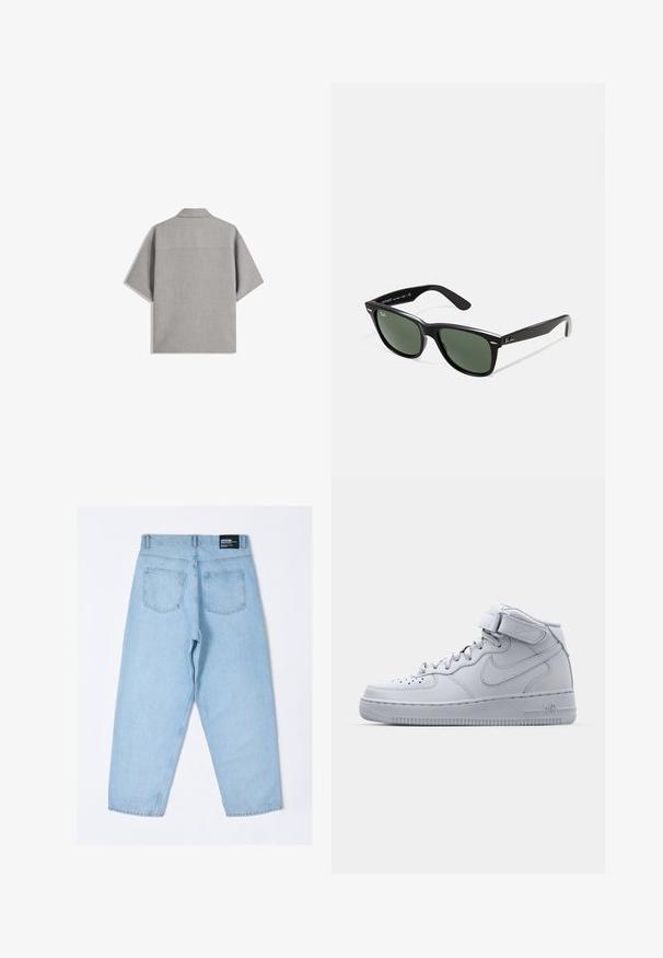 Bershka SHORT SLEEVE TAILORED - Shirt - dark grey; Light blue denim jeans with a relaxed fit, featuring two back pockets and a visible label on the waistband. Smooth texture, straight leg design.; High-top gray Nike Air Force 1 sneakers with leather upper, padded collar, and a Velcro strap. Iconic design features perforated toe box.; Black plastic sunglasses with green lenses, square frames, silver accent on the brow, and textured temple arms. Stated brand on inner arm.