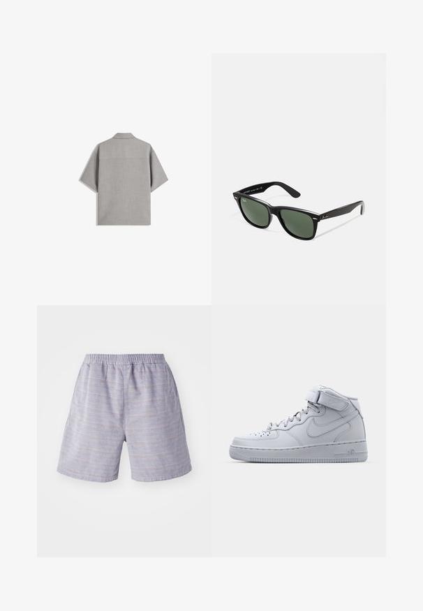 Bershka SHORT SLEEVE TAILORED - Shirt - dark grey; Light blue striped shorts with an elastic waistband, made from a soft fabric. Features side pockets and a relaxed fit, ideal for casual wear.; High-top gray Nike Air Force 1 sneakers with leather upper, padded collar, and a Velcro strap. Iconic design features perforated toe box.; Black plastic sunglasses with green lenses, square frames, silver accent on the brow, and textured temple arms. Stated brand on inner arm.