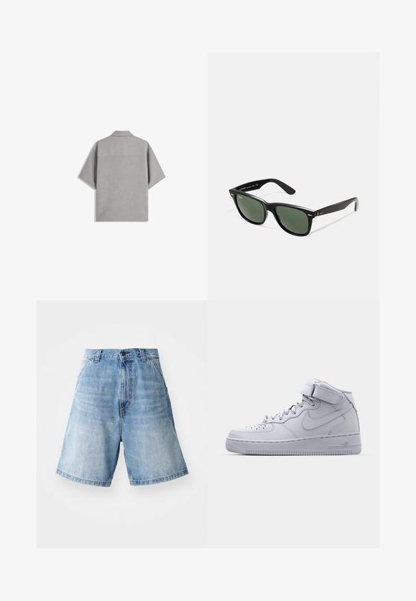 Bershka SHORT SLEEVE TAILORED - Majica - dark grey; Svijetloplave traper kratke hlače opuštenog kroja, s visokim strukom, dizajnom od pet džepova i vidljivim detaljima šivanja.; Sivi visokoprofilni Nike Air Force 1 tenisice s kožnom gornjom površinom, podstavljenim ovratnikom i Velcro trakama. Ikonični dizajn sadrži perforirane prednje dijelove.; Crne plastične sunčane naočale s zelenim staklima, kvadratni okviri, srebrni naglasak na obrvi i teksturirane ručke. Naziv brenda naveden na unutrašnjoj strani ručke.