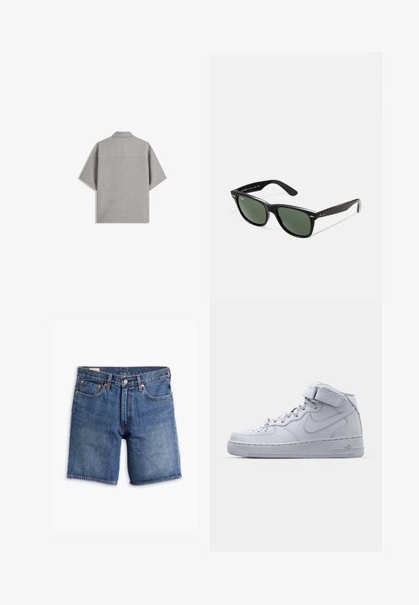 Bershka SHORT SLEEVE TAILORED - Overhemd - dark grey; Denim shorts in een middelblauwe wassing met een klassiek ontwerp. Beschikt over vijf zakken, riemlussen en koperkleurige bevestigingen. Verweerd textuur overal.; Grijze Nike Air Force 1 sneakers met hoge bovenkant, leren bovenwerk, gewatteerde kraag en een klittenbandsluiting. Iconisch ontwerp met geperforeerde toe box.; Zwarte plastic zonnebril met groene lenzen, vierkante montuur, zilveren accent op de wenkbrauw en een gestructureerde tempel. Merken vermeld op de binnenkant van de arm.