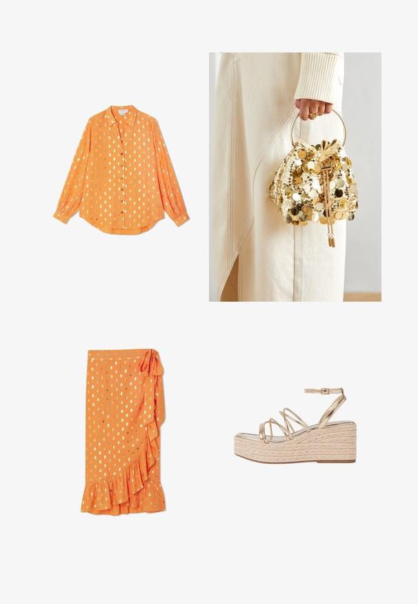 Oranges langärmliges Hemd aus leichtem Stoff, mit goldenen Punkten, Knopfleiste und geknöpften Manschetten, in einem entspannten Schnitt.; Oranger Wickelrock mit goldenen Punkten, Rüschensaum und seitlichem Bindeband. Hergestellt aus leichtem Stoff, mit glatter Textur.; Goldene metallische Keilsandalen mit einer geflochtenen Jutesohle, die mehrere dünne Riemen und einen Knöchelverschluss zur Unterstützung besitzen.; Goldfarbene Drawstring-Handtasche mit einem runden Griff, verziert mit glänzenden runden Pailletten und einem strukturierten Stoff. Abmessungen sind nicht angegeben.