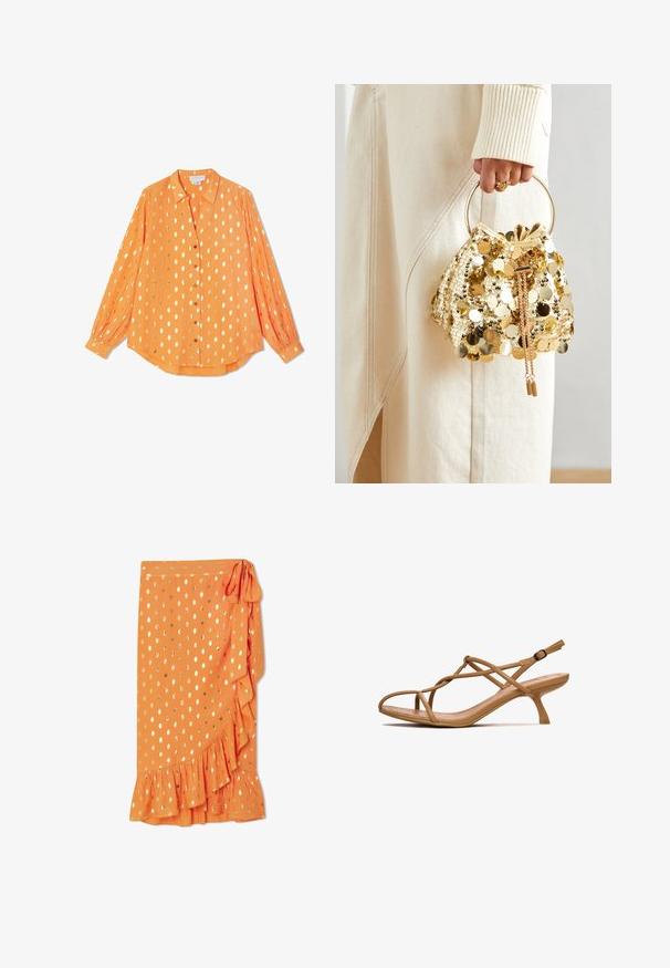 Orange langærmet skjorte i let materiale, med guldpolka prikker, knaplukning foran og knapmanchetter, med et afslappet fit design.; Orange wrap nederdel med guld polka prikker, flæsekant og sidebinding. Lavet af letvægtsstof, der har en glat tekstur.; Tan snørestøvle med spids tå og tynd hæl. Fremstillet af gummi med en glat overflade. Har krydsede stropper og en justerbar ankelspænde.; Guld paliettrækkevogn med et cirkulært håndtag, der har skinnende runde paljetter og et tekstureret stof. Dimensioner er ikke angivet.