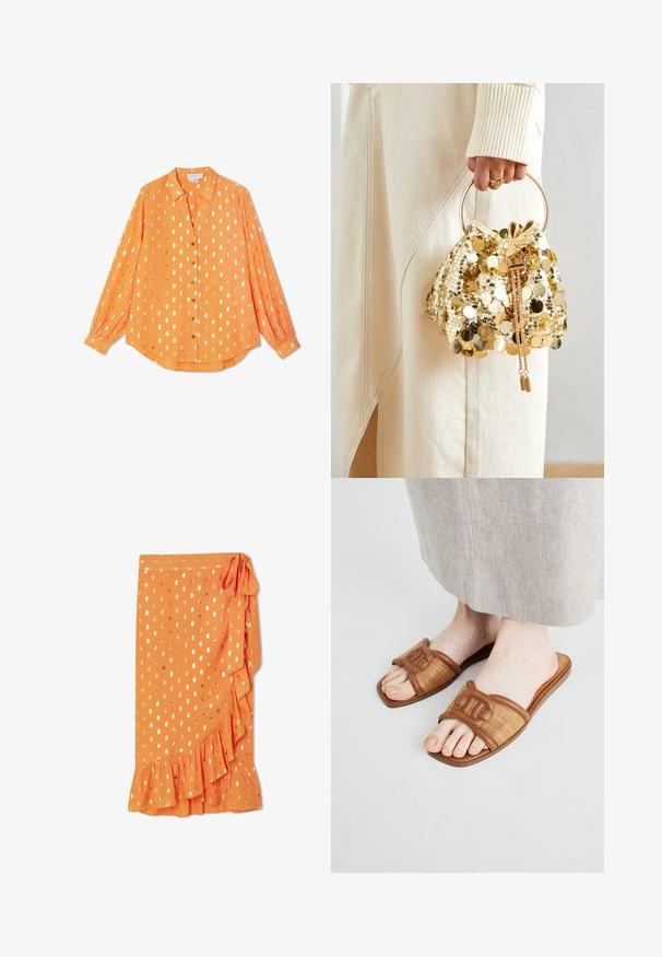 Camicia arancione a maniche lunghe in tessuto leggero, con pois dorati, chiusura con bottoni sul davanti e polsini abbottonati, caratterizzata da un design a vestibilità rilassata.; Gonna avvolgente arancione con pois dorati, orlo arricciato e legatura laterale. Realizzata in tessuto leggero, presenta una texture liscia.; Infradito marroni con dettagli in tessuto intrecciato e pelle liscia, dotati di una suola piatta e una fascia decorata.; Borsa a tracolla con coulisse in paillettes dorate e manico circolare, caratterizzata da paillettes rotonde lucide e un tessuto testurizzato. Le dimensioni non sono fornite.