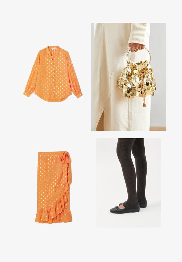 Oranges langärmliges Hemd aus leichtem Stoff, mit goldenen Punkten, Knopfleiste und geknöpften Manschetten, in einem entspannten Schnitt.; Oranger Wickelrock mit goldenen Punkten, Rüschensaum und seitlichem Bindeband. Hergestellt aus leichtem Stoff, mit glatter Textur.; Schwarze flache Schuhe mit einem kleinen Schleifendetail an der Zehe, kombiniert mit dunkelbraunen gerippten Strumpfhosen. Die Schuhe haben eine glatte Textur und ein niedriges Profil.; Goldfarbene Drawstring-Handtasche mit einem runden Griff, verziert mit glänzenden runden Pailletten und einem strukturierten Stoff. Abmessungen sind nicht angegeben.