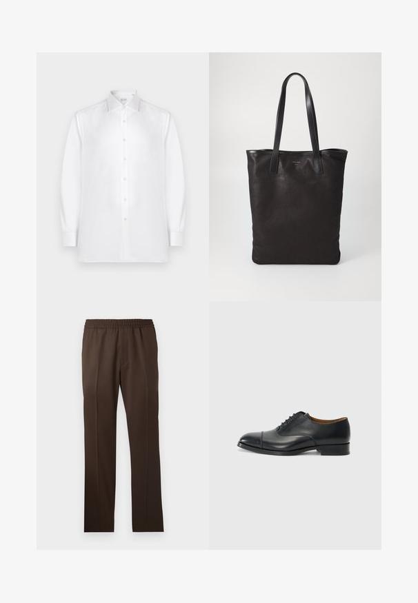 Chemise blanche à manches longues, en tissu lisse, avec un col standard et une rangée de boutons de type perle sur le devant.; Pantalons marron à jambes droites avec une taille élastique et une texture de tissu lisse ; présentent des plis marqués à l'avant.; Chaussure habillée en cuir noir avec une finition lisse, bout arrondi, cinq œillets pour les lacets et un petit talon carré. Design minimaliste avec des coutures discrètes.; Sac fourre-tout en toile noire avec des poignées en cuir noir. Design simple, corps spacieux et texture lisse. Pas de logos ou motifs visibles.