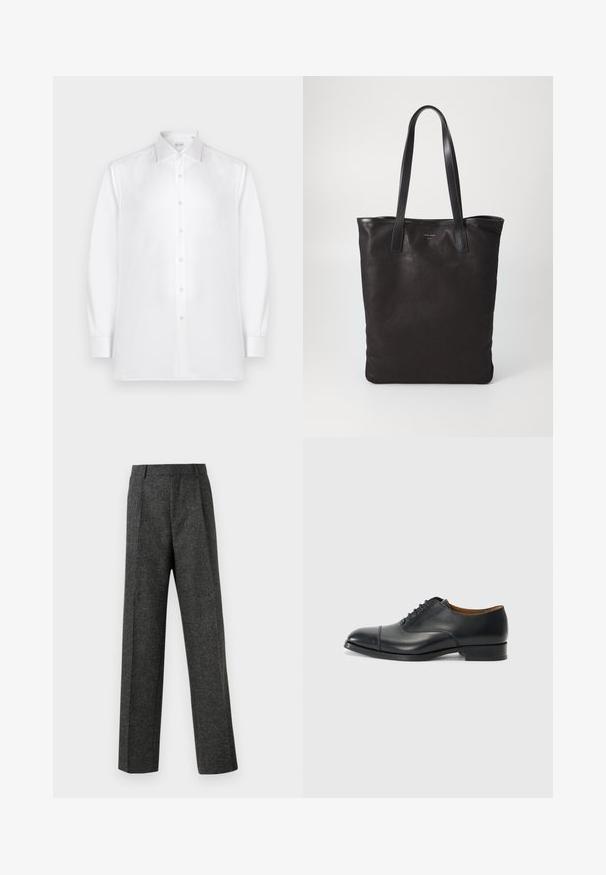 White long-sleeve button-up shirt made of smooth fabric, featuring a standard collar and a row of pearl-like buttons along the front.; Gray tailored trousers made of textured fabric, featuring two front pleats and a straight-leg design. No visible pockets or embellishments.; Black leather dress shoe with a smooth finish, rounded toe, five eyelets for laces, and low block heel. Minimalist design with subtle stitching.; Black canvas tote bag with black leather handles. Simple design, spacious body, and a smooth texture. No visible logos or patterns.