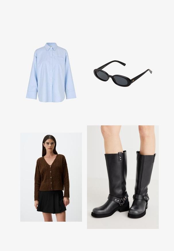 Jasnoniebieska, długorękawowa koszula z guzikami wykonana z miękkiego, lekkiego materiału. Posiada kieszeń na przodzie oraz klasyczny krój kołnierzyka.; Brązowy kardigan z dzianiny w splot warkoczowy z dekoltem w kształcie litery V i sześcioma guzikami z przodu; prążkowane mankiety i dół. Noszony na czarnej plisowanej spódnicy.; Czarne skórzane kozaki za kolano o szerokiej cholewie, z detalami w postaci pasków, srebrnymi elementami i płaską podeszwą. Gładka tekstura z lekkim połyskiem.; Czarne, oversize okulary przeciwsłoneczne z owalnymi soczewkami, gładkim plastikowym mostkiem i złotymi akcentami na zausznikach. Ciemne soczewki zapewniają ochronę przed słońcem.