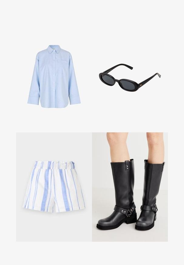 Ljusblå skjorta med långa ärmar och knäppning, tillverkad av ett mjukt och lätt tyg. Har en framficka och en klassisk krage.; Vita shorts med blå vertikala ränder, med en samlad elastisk midja och ett lätt, strukturerat tyg.; Svarta läderknähöga stövlar med bred skaft, remdetaljer, silverdetaljer och en platt sula. Slät textur med en lätt glans.; Svarta överdimensionerade solglasögon med ovala linser, slät plastbåge och guldaccent på bågarna. Mörka linser ger solskydd.