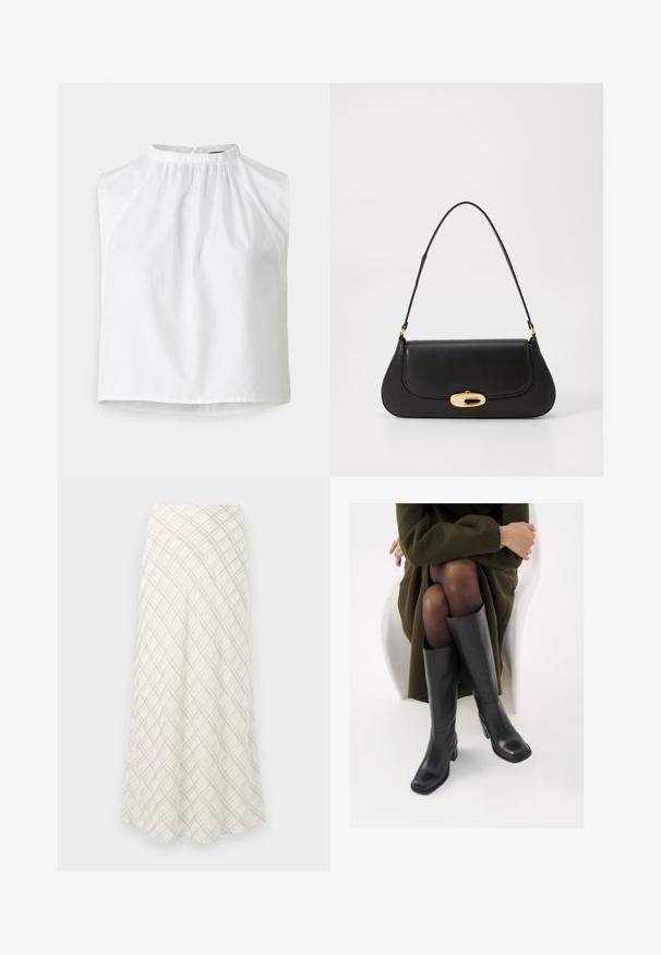 Hvid ærmeløs top med høj krave, samlede detaljer og en løs pasform. Fremstillet af glat stof med et rent, minimalistisk design.; Lang, cremefarvet nederdel med et diagonalt ternet mønster i grå. Strømmende design med en glat tekstur, der flares ud mod kanten.; Knæhøje sorte læder støvler med firkantet tå og blokhæl, vist med en model siddende i en olivengrøn frakke. Glat tekstur, minimal detaljer.; Sort læderhåndtaske med et buet design, guldfarvet hardware og en øverste håndtag. Har en strømlinet lukning og en glat tekstur.