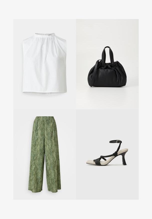Biała bezrękawnikowa bluzka z wysokim dekoltem, z marszczeniami i luźnym krojem. Wykonana z gładkiego materiału o czystym, minimalistycznym wzornictwie.; Spodnie szwedy z teksturowanego zielonego materiału. Elastyczny pas i wzorzysta powierzchnia w różnych odcieniach zieleni.; Czarne sandały na obcasie z plecionym paskiem, kwadratowym noskiem i regulowanym paskiem na kostkę. Jasnobeżowa wkładka z błyszczącym czarnym obcasem.; Czarna skórzana torebka z zebranym wykończeniem, z dwoma krótkimi uchwytami i długim regulowanym paskiem. Gładka tekstura, zaokrąglony kształt.