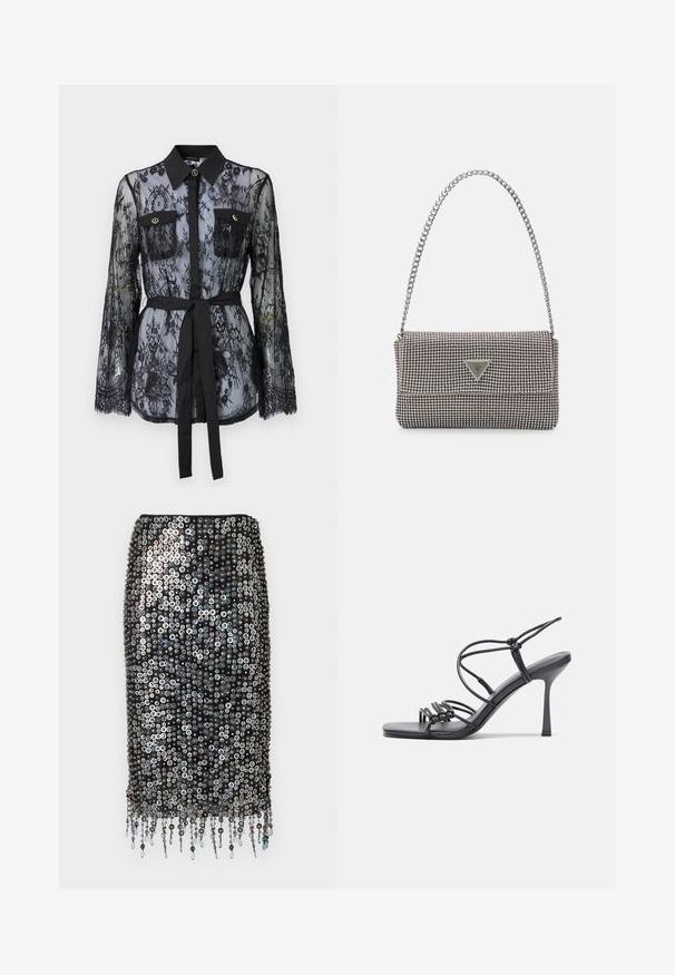 Fekete csipke blúz hosszú ujjal, gombos mellzsebekkel, klasszikus gallérral, és derékra kötött szövet övvel. Átlátszó kialakítás.; Fekete flitteres szoknya, testhez álló sziluettel, kör alakú flitterekkel és díszítő rojttal a szegélyén.; Fekete magas sarkú szandálok vékony pántokkal, csomózott mintával, sima négyzetes orral és karcsú stiletto sarkal rendelkeznek.; Világosszürke fémes kézitáska lánc pánttal, kis kör alakú fém kifinomult díszítéssel és háromszög alakú márkagéppel.; Ezüst karika fülbevalók sima, fényes felülettel. Lekerekített forma, könnyű kialakítással, tűs zárómechanizmussal.