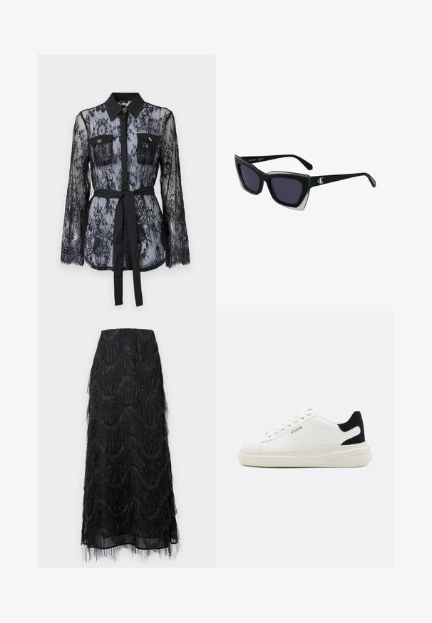 Schwarze Spitzenbluse mit langen Ärmeln, knöpfbaren Brusttaschen, klassischem Kragen und einem Stoffgürtel, der an der Taille gebunden ist. Transparenter Design.; Schwarzer Midirock mit geschichteten Fransen und Wellenmustern. Hergestellt aus durchsichtigem Material mit funkelnden Akzenten an den Kanten.; Weiße Leder-Sneaker mit einer dicken weißen Sohle, schwarzem Wildlederakzent an der Ferse und geprägtem Logo an der Seite. Schnürdesign mit sechs Ösen.; Schwarze übergroße Sonnenbrille mit geometrischer Form, ausgestattet mit dunklen Gläsern und einem kontrastierenden grauen Detail im Rahmen. Logo am Bügel.