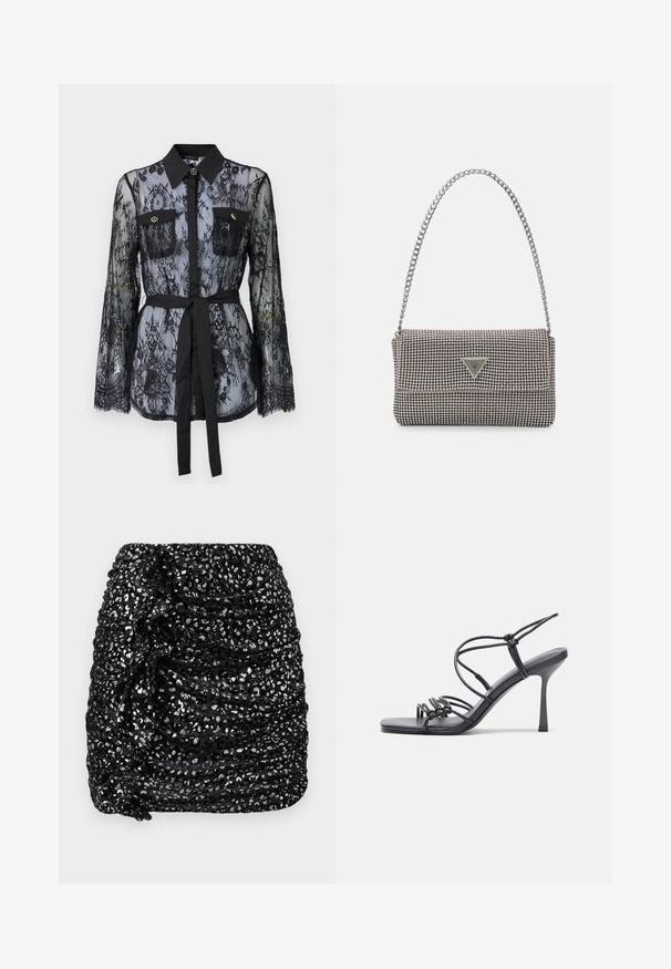 Bluză din dantelă neagră, cu mâneci lungi, buzunare la piept cu nasturi, guler clasic și o curea din țesătură legată în talie. Design transparent.; Fustă mini neagră cu drapaje, decorată cu detalii din paiete argintii, având un finisaj texturat și un design asimetric pentru un interes vizual suplimentar.; Sandale negre cu toc înalt au curele subțiri cu un design legat, un vârf pătrat neted și un toc stiletto elegant.; Geantă metalică gri deschis, cu un strap din lanț, decorată cu mici ținte circulare metalice și un logo de marcă triangular.; Cercei rotunzi din argint cu un finisaj neted și strălucitor. Design ușor, având o formă rotundă și închidere cu tijă.