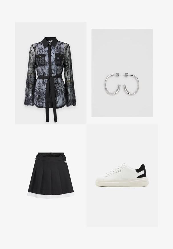 Črna čipkasta bluza z dolgimi rokavi, z gumbastimi žepi na prsih, klasičnim ovratnikom in pasom iz tkanine, vezanim na pasu. Prosojna zasnova.; Črna nabrana krila z belim robom, izdelana iz strukturirane tkanine. Ima zadrgo na hrbtni strani in majhen logotipni detajl na pasu.; Bele usnjene športne copate z debelim belim podplatom, črnimi semišnimi detajli na peti in utisnjenim logotipom na strani. Zavezovanje s šestimi luknjicami.; Srebrne obročaste uhane z gladko, sijočo površino. Zaobljena oblika, lahka zasnova, z zapiranjem na zatič.